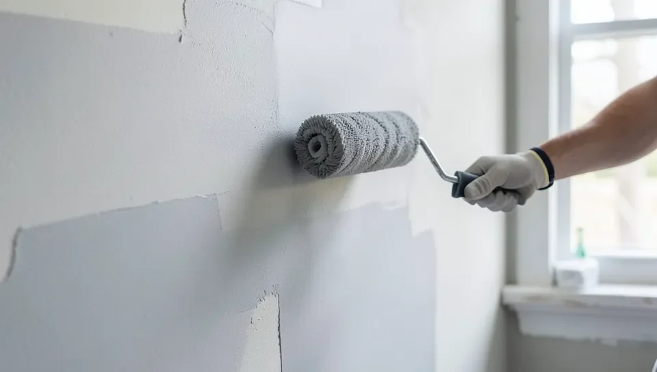 paint roller applying light gray tinted primer over patched drywall