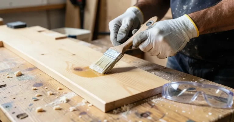 Applying two-part wood bleach to a red oak board with a brush