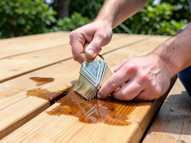 Person applying wood stain sealer with a paintbrush to a cedar deck board outdoors