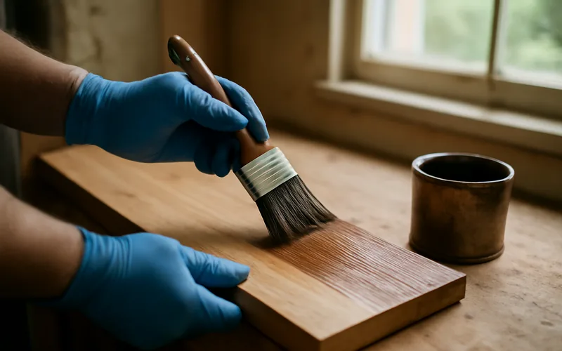 hands in blue nitrile gloves applying wood stain with a brush near an open window hands in blue nitrile gloves applying wood stain with a brush near an open window