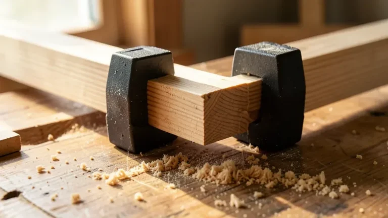 Bar clamp holding a glued wood joint under pressure with glue squeeze-out visible