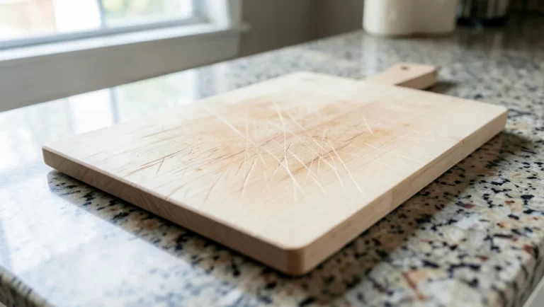 Basswood cutting board showing deep knife scratches