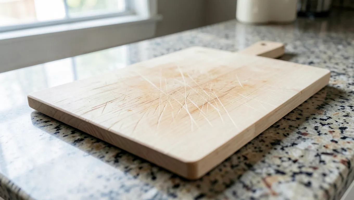 Basswood cutting board showing deep knife scratches