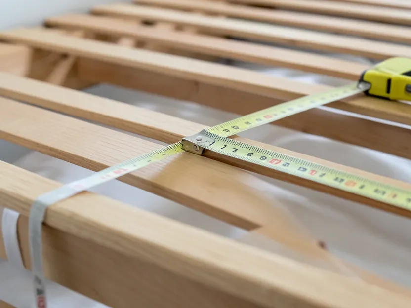 Tape measure showing the gap between two wooden bed slats
