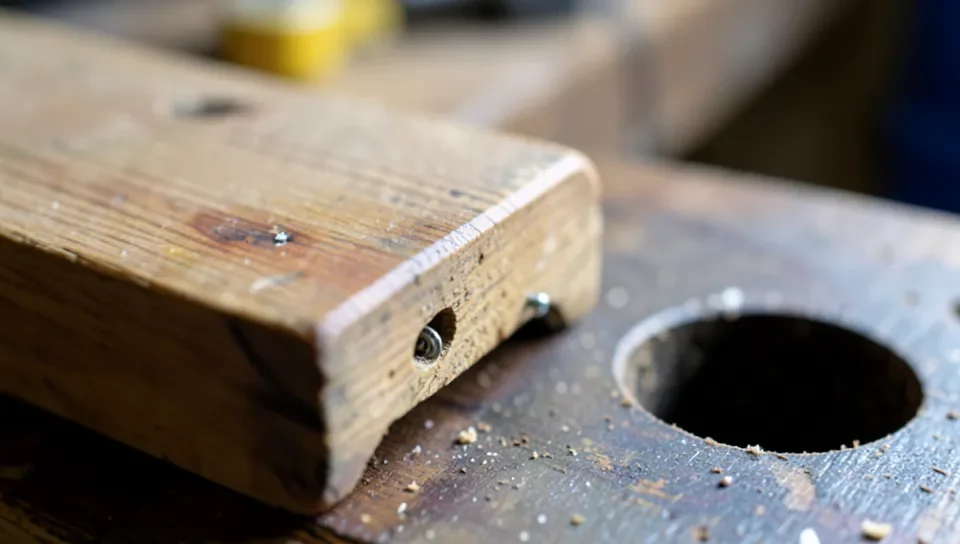 Close-up of a wooden bench dog peg with a friction-fit mechanism next to a workbench dog hole