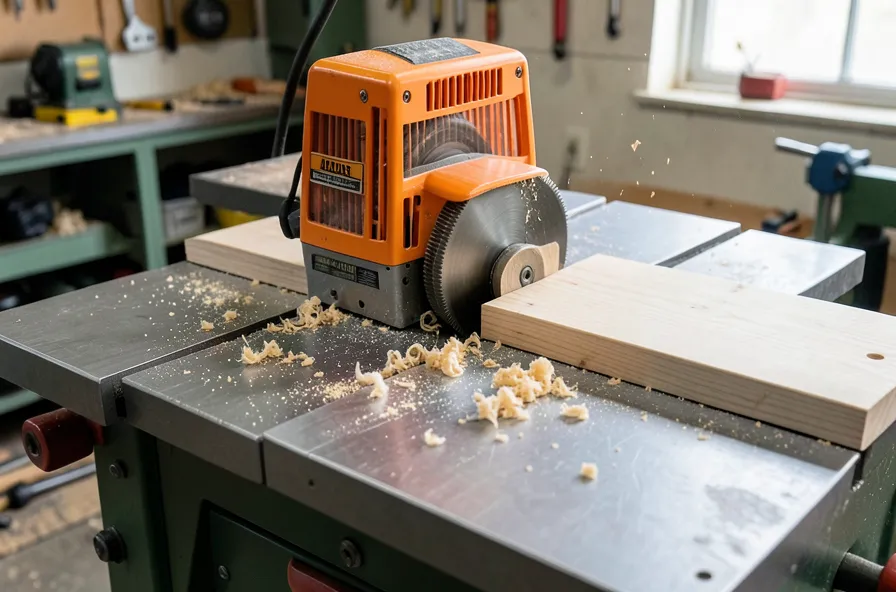Benchtop wood jointer flattening a board with wood shavings coming off the cutterhead