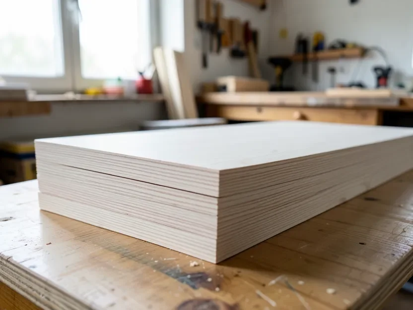 Stack of birch plywood boards with visible straight wood grain in a workshop