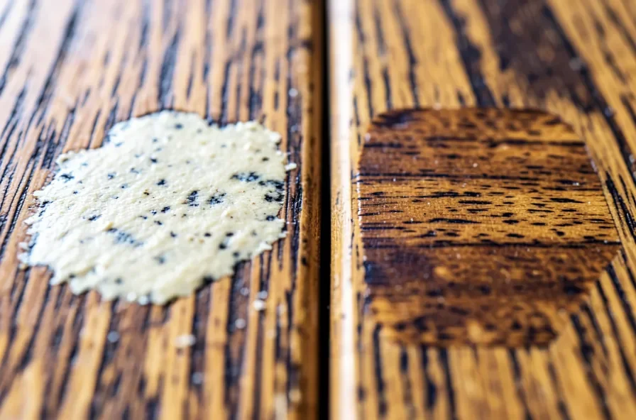 Side-by-side comparison of a blotchy unmatched wood filler patch and an evenly stained wood filler patch