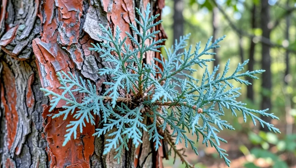 close up of blue green cedar juniper foliage and reddish bark on a tree trunk in Texas
