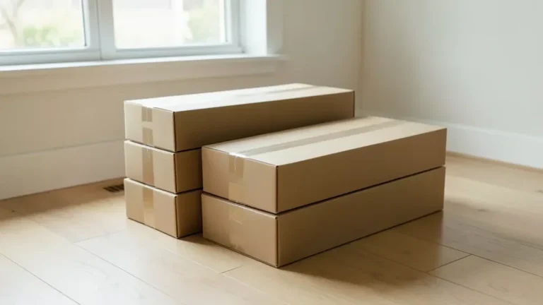 Stacked boxes of hardwood flooring planks on a hardwood floor