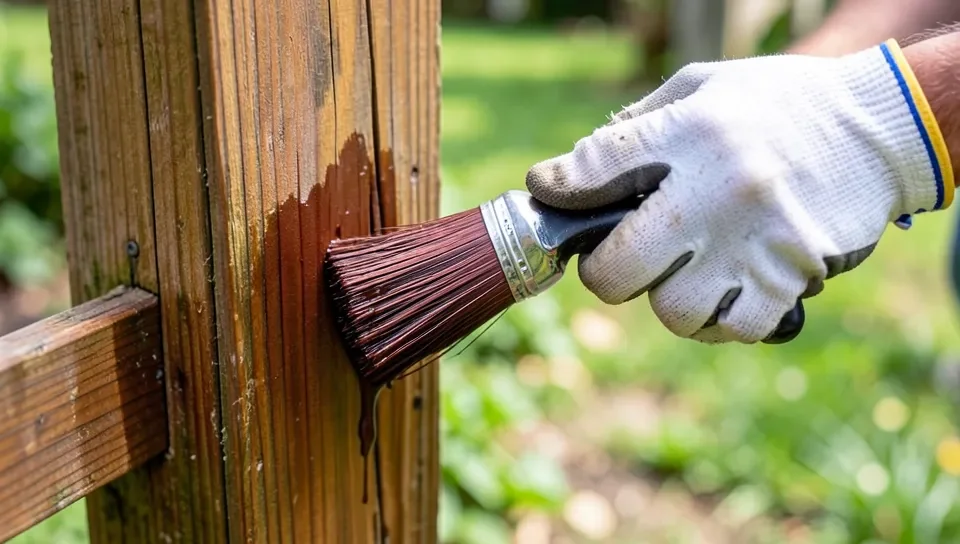 Brushing copper naphthenate wood preservative onto a cedar fence post
