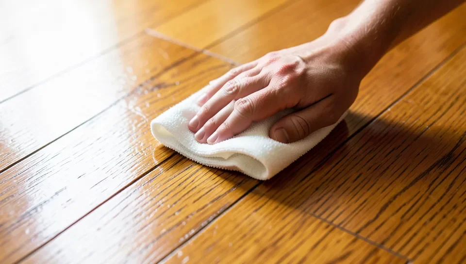 Buffing a hardwood floor with a soft cloth