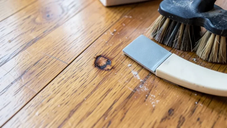 Burn mark being repaired on a hardwood floor