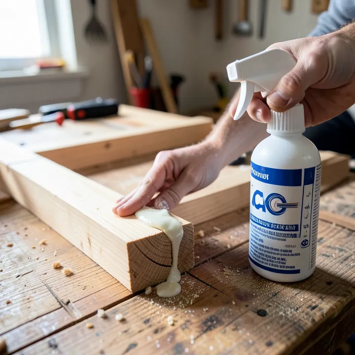 Applying CA glue to a wood crack with an activator spray bottle beside it on a workbench Applying CA glue to a wood crack with an activator spray bottle beside it on a workbench