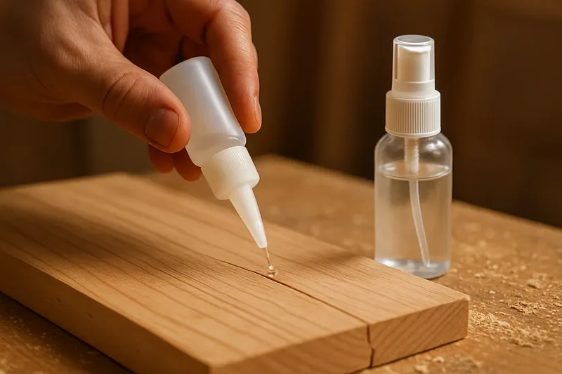 Applying CA glue to a wood crack with an activator spray bottle beside it on a workbench Applying CA glue to a wood crack with an activator spray bottle beside it on a workbench