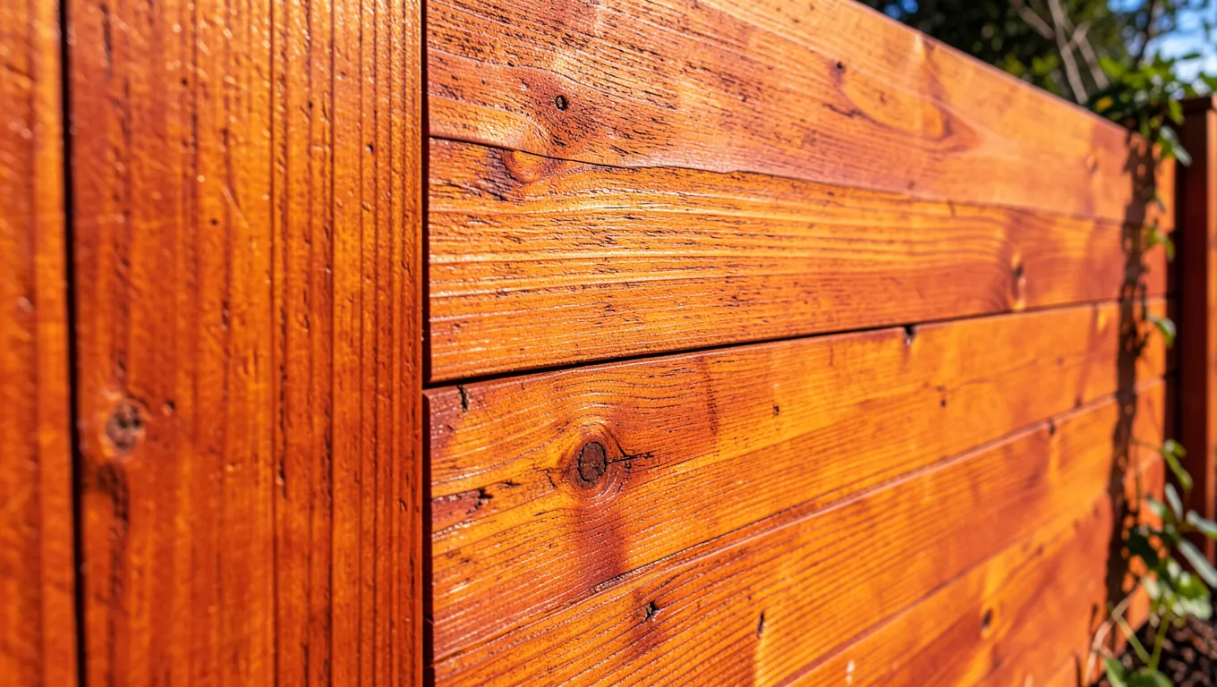 Freshly stained cedar fence boards showing rich reddish brown color