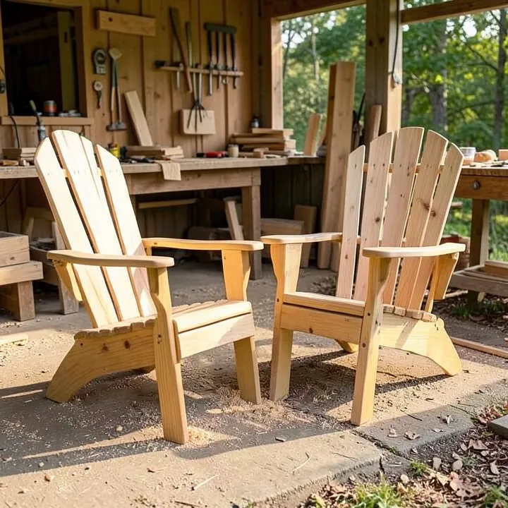 Cedar Adirondack-style chairs being built and finished outdoors