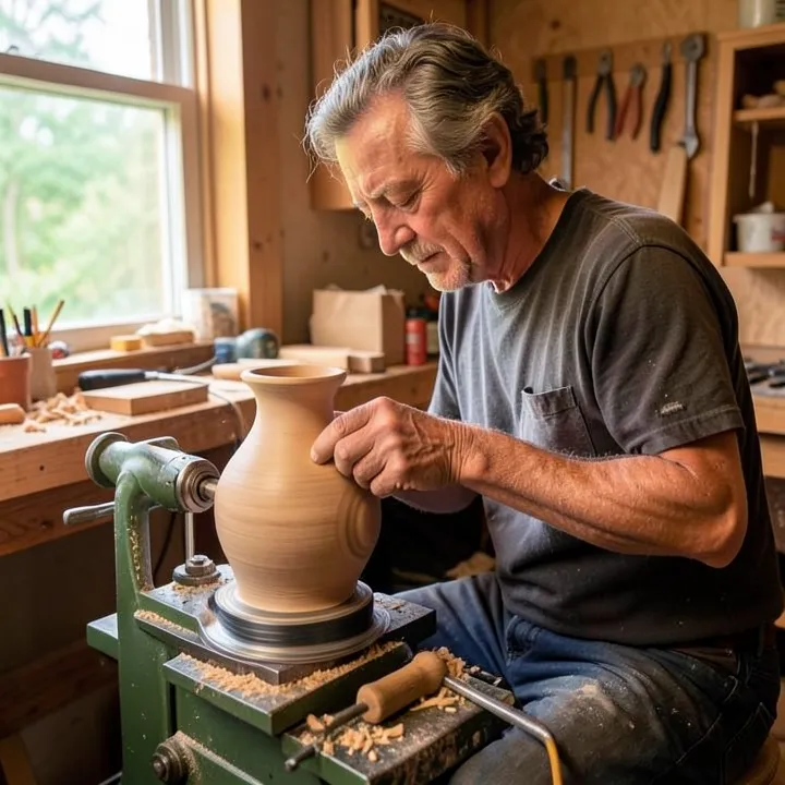 woodworker turning a wooden vase blank on a lathe in a home workshop woodworker turning a wooden vase blank on a lathe in a home workshop