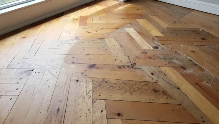 Herringbone parquet floor half sanded to bare wood, half showing old dull finish, mid-refinish