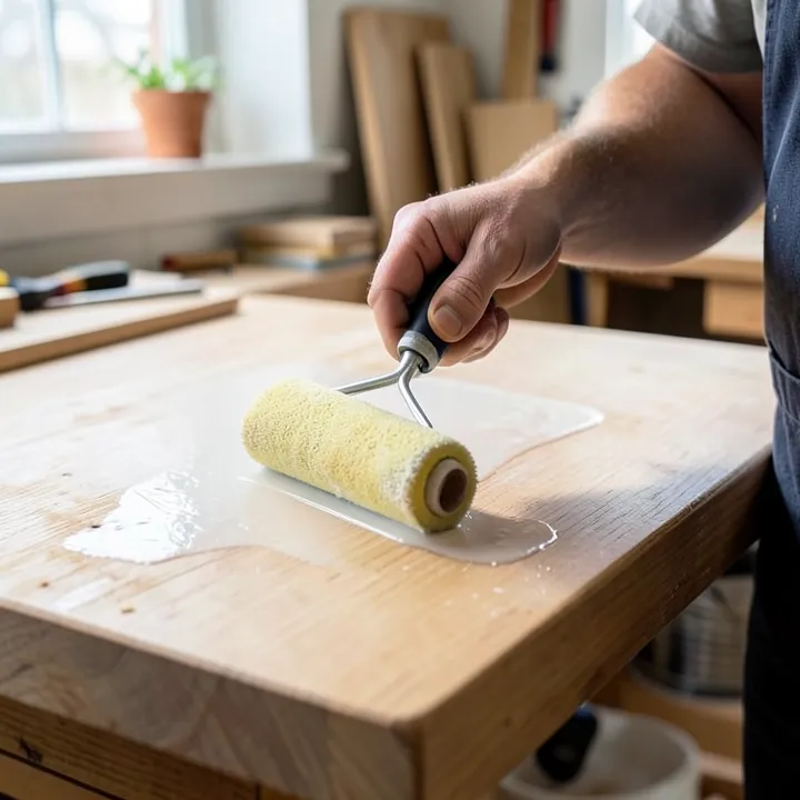 Applying clear polycrylic finish with a foam roller on a wood tabletop