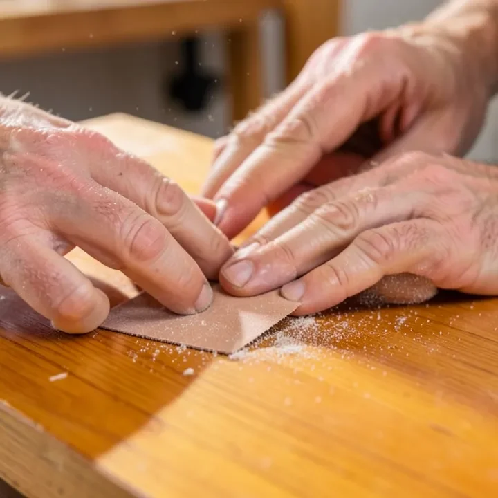 Sanding a shellac-finished tabletop with fine sandpaper