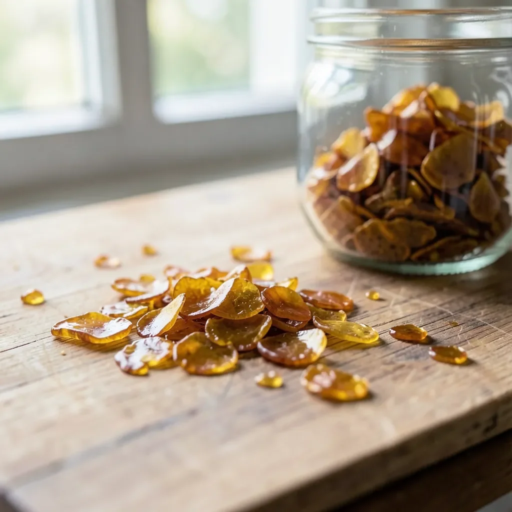 Amber shellac flakes on a workbench