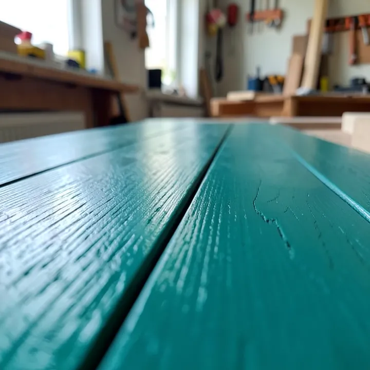 close-up of teal painted wood plank surface