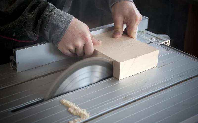 Woodworker feeding a board through a saw at a controlled pace Woodworker feeding a board through a saw at a controlled, steady pace