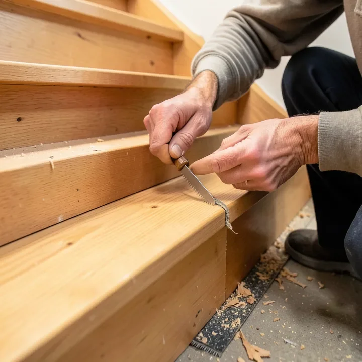 carpenter installing a new wood stair tread, removing old carpet tack strips