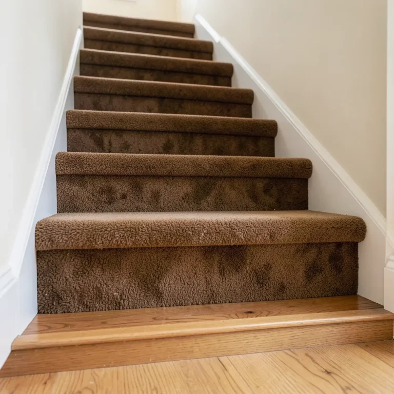 carpeted stair treads meeting a hardwood floor with a wood transition strip