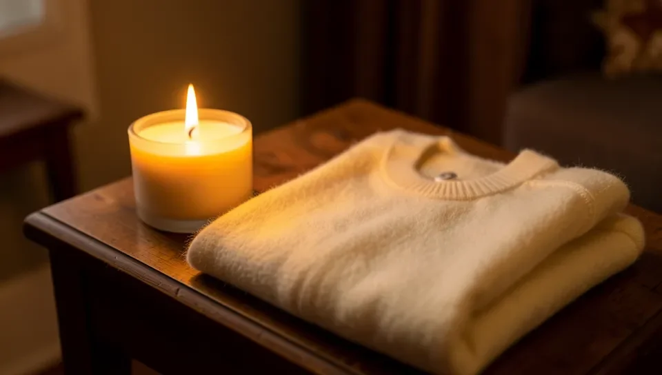 A warm, woody scented candle - the kind of home fragrance Cashmere Woods describes