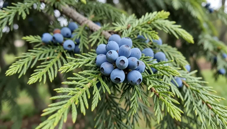 Ripe blue juniper berries on a cedar tree branch