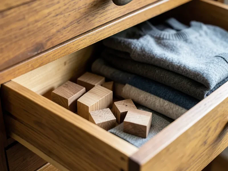 Cedar wood blocks placed in a drawer next to folded wool sweaters