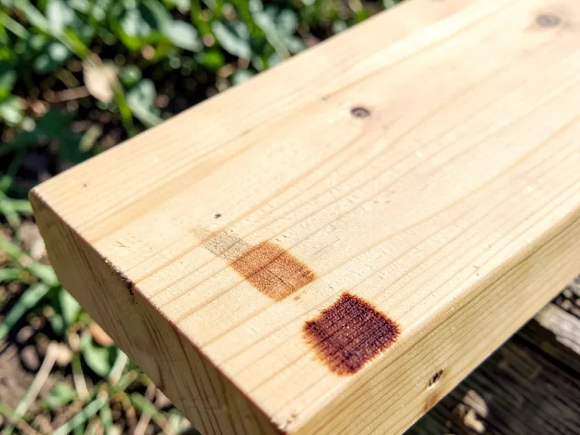 Raw cedar board with a small test patch of stain applied to check color before staining the whole piece