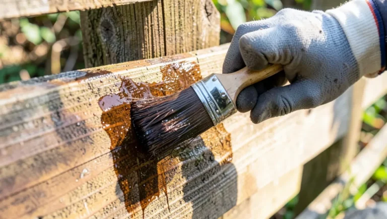 Gloved hand applying dark semi-transparent stain to a cedar fence board with a paintbrush