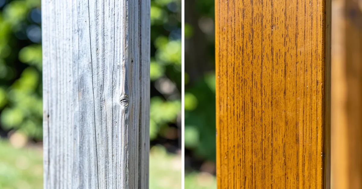 Side-by-side comparison of unfinished weathered cedar next to freshly sealed cedar showing color difference