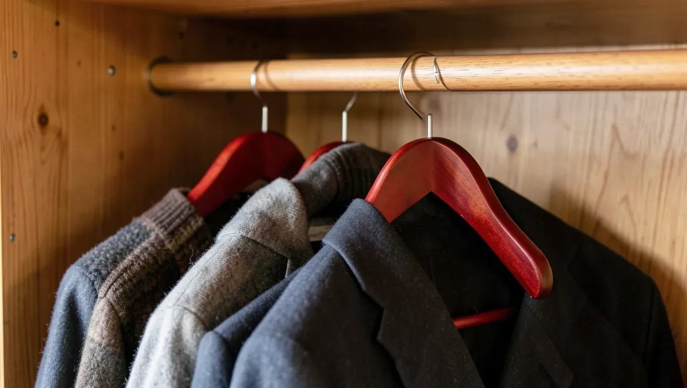 Solid red cedar wooden hangers holding wool suits and sweaters in a closet