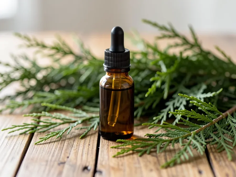 Small dropper bottle of essential oil next to fresh cedar branches