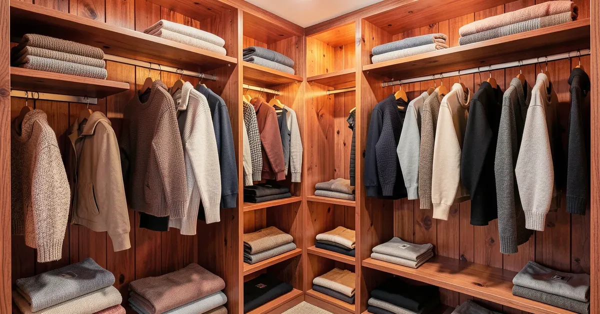 Walk-in closet corner fully lined with cedar wood planks and shelving