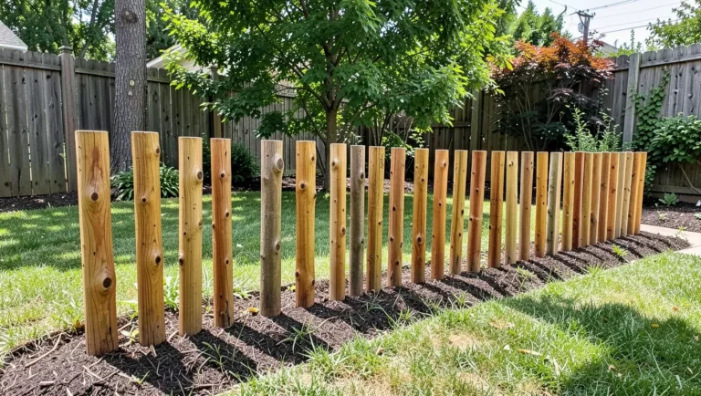 A row of cedar fence posts set in the ground