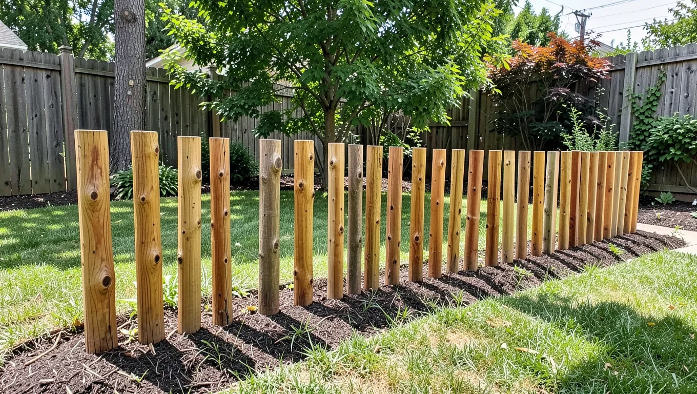 A row of cedar fence posts set in the ground