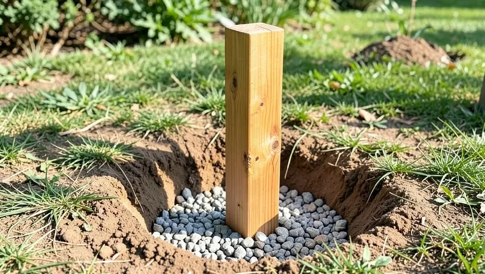 A cedar post set on a gravel base before backfilling
