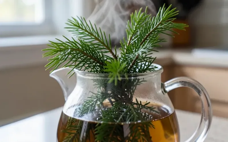 Fresh evergreen conifer sprigs steeping in a glass teapot of hot water Fresh evergreen conifer sprigs steeping in a glass teapot of hot water