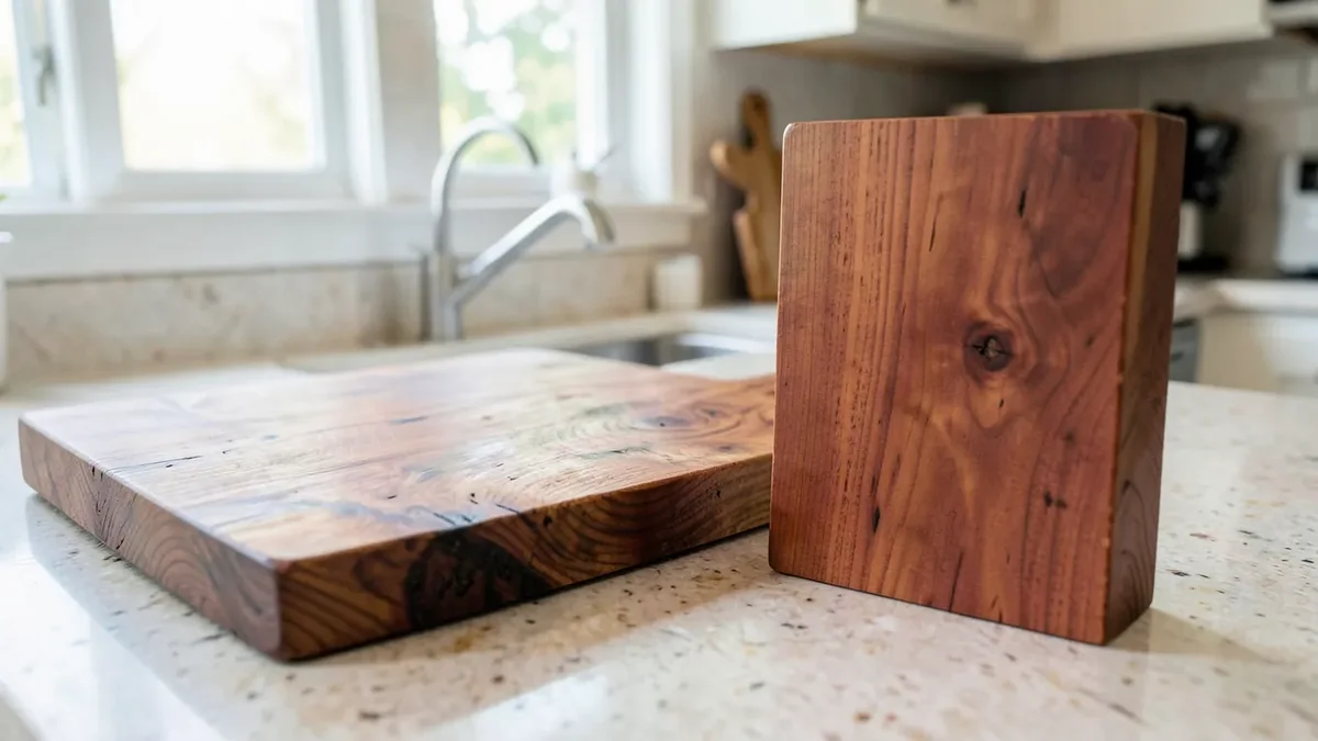 Maple hardwood cutting board next to a cedar wood plank, comparing hardness and grain