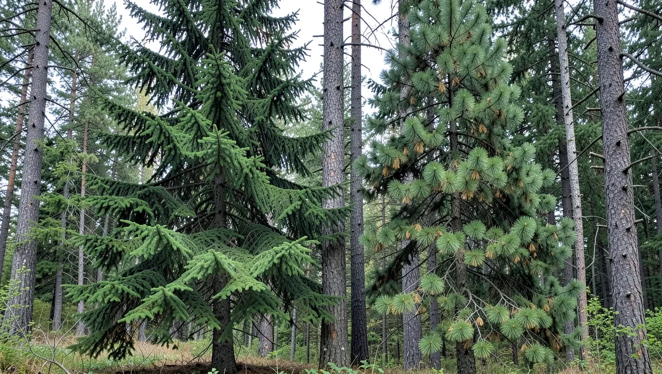 Cedar tree and pine tree side by side