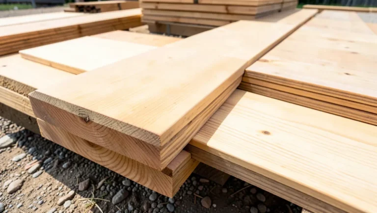 Cedar deck boards stacked next to pressure-treated pine lumber showing grain and color contrast