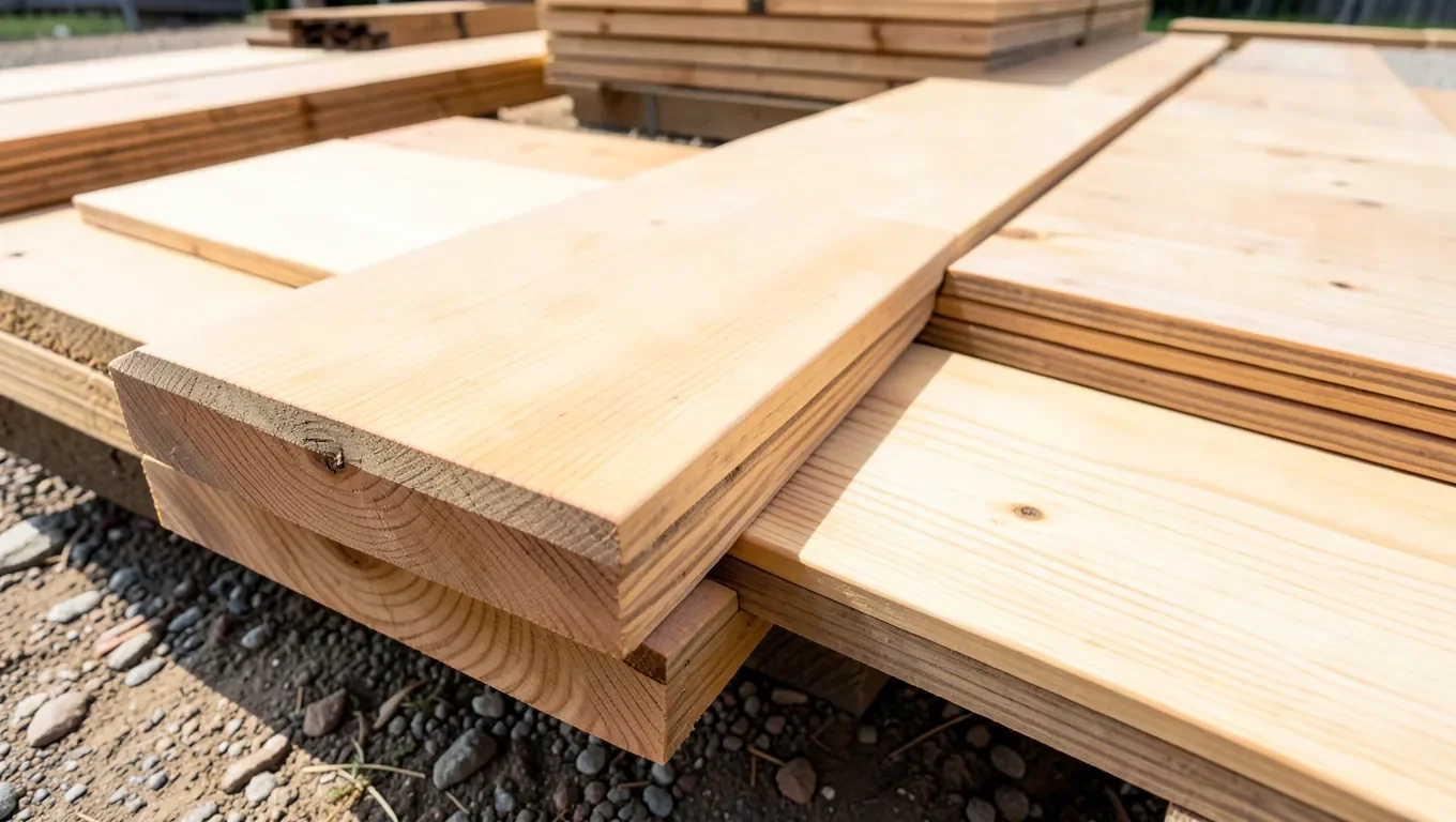 Cedar deck boards stacked next to pressure-treated pine lumber showing grain and color contrast