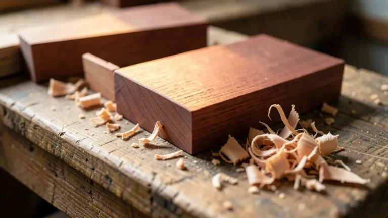 Aromatic cedar wood blocks and shavings on a workbench