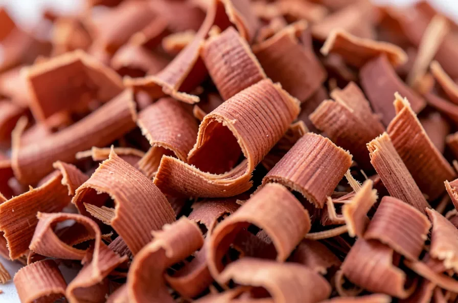 Close-up of fresh cedar wood shavings showing the reddish curled wood pieces