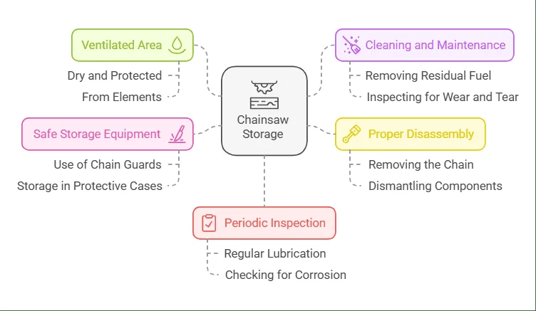 Infographic summarizing the five steps of chainsaw storage